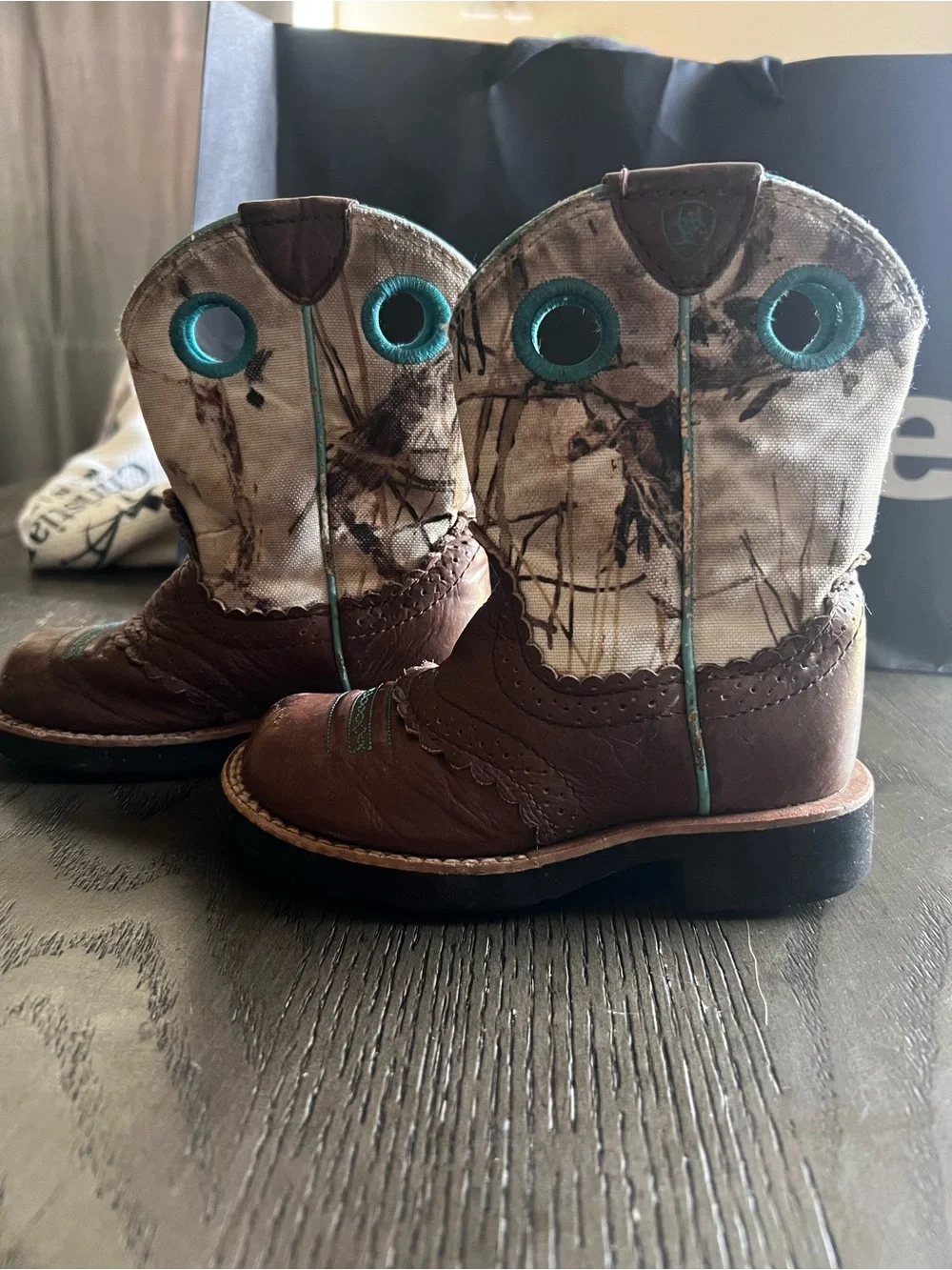 Ariat Brown Leather Kids Cowboy Boots with Teal Accents